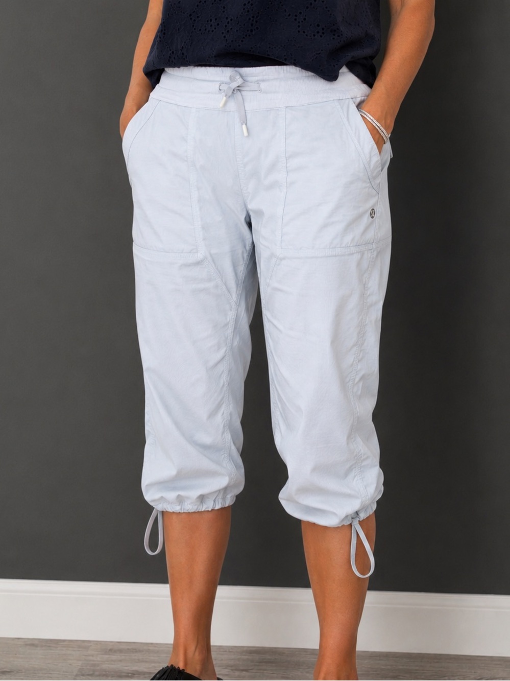 Lululemon Dance Studio Crop Pants Size 10 Light Grey Drawstring Hem Pockets
